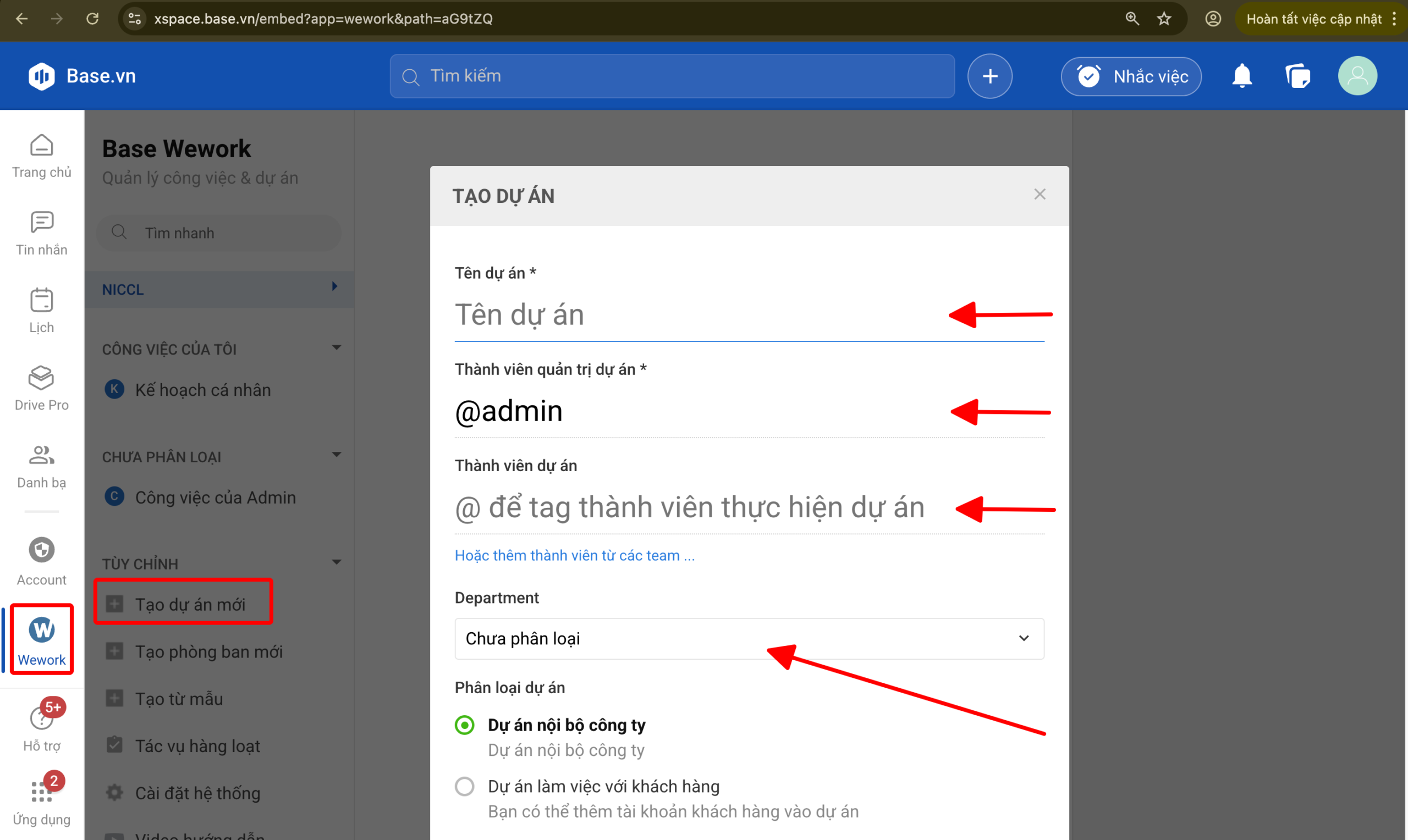 Tạo dự án mới Wework