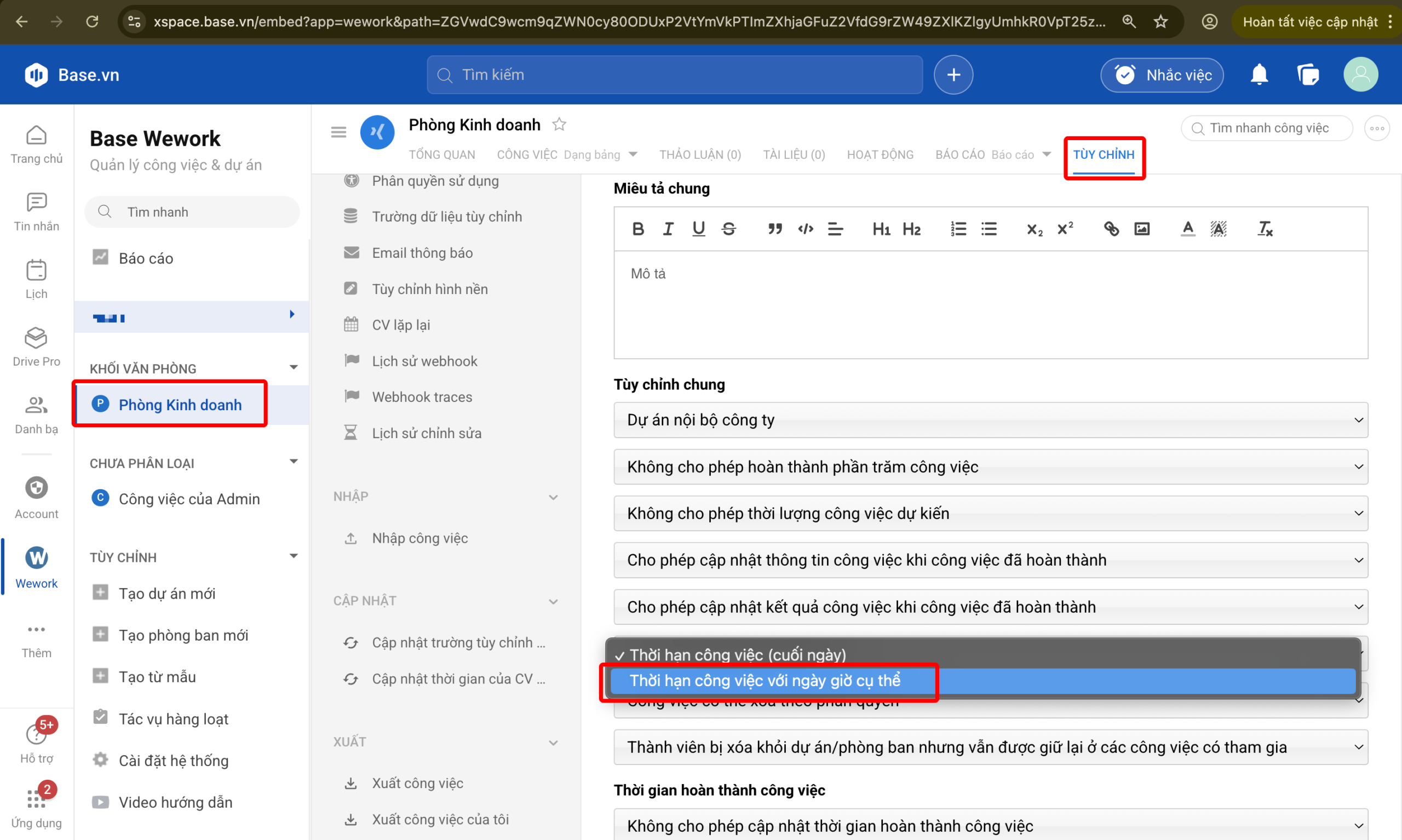 Cài đặt thời hạn công việc